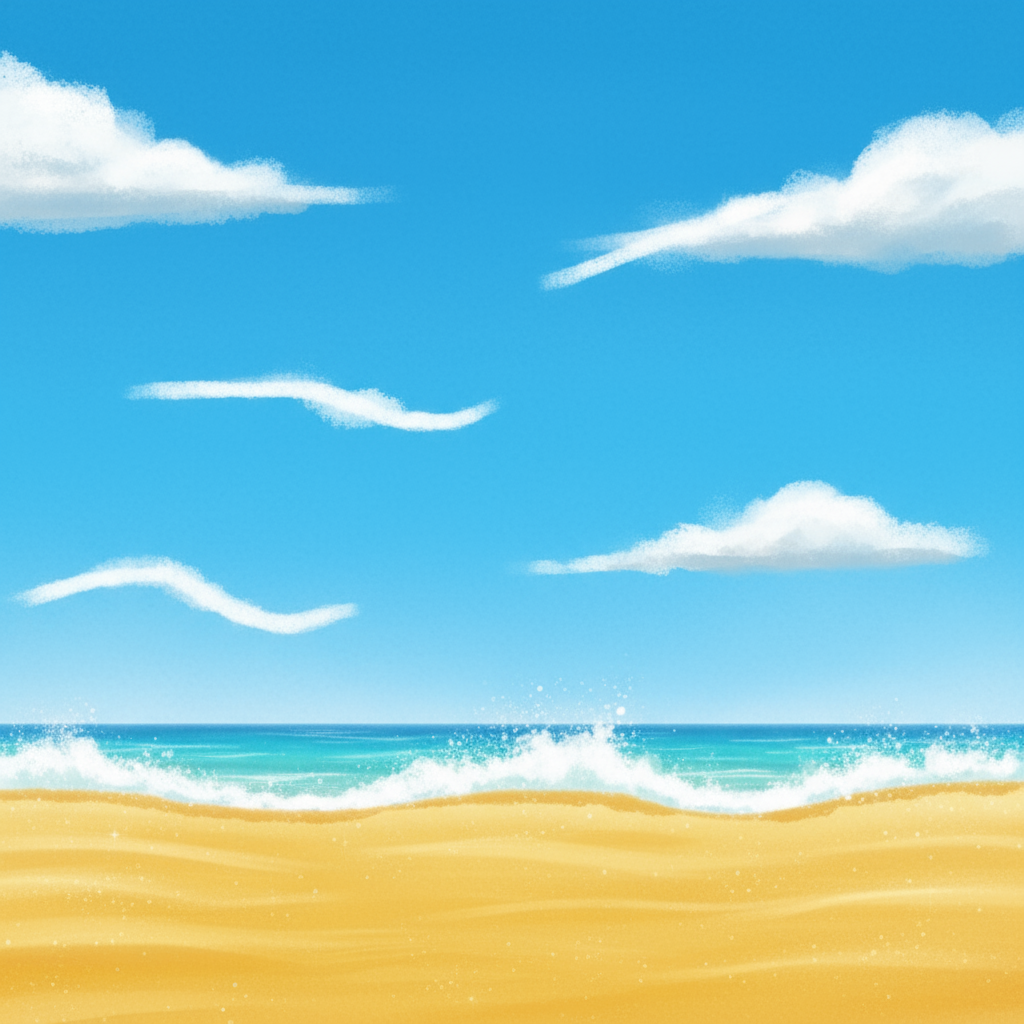 AI image generated of A simple beach scene: a blue sky with white wispy lines, a white foamy shoreline, and a yellow sandy beach.