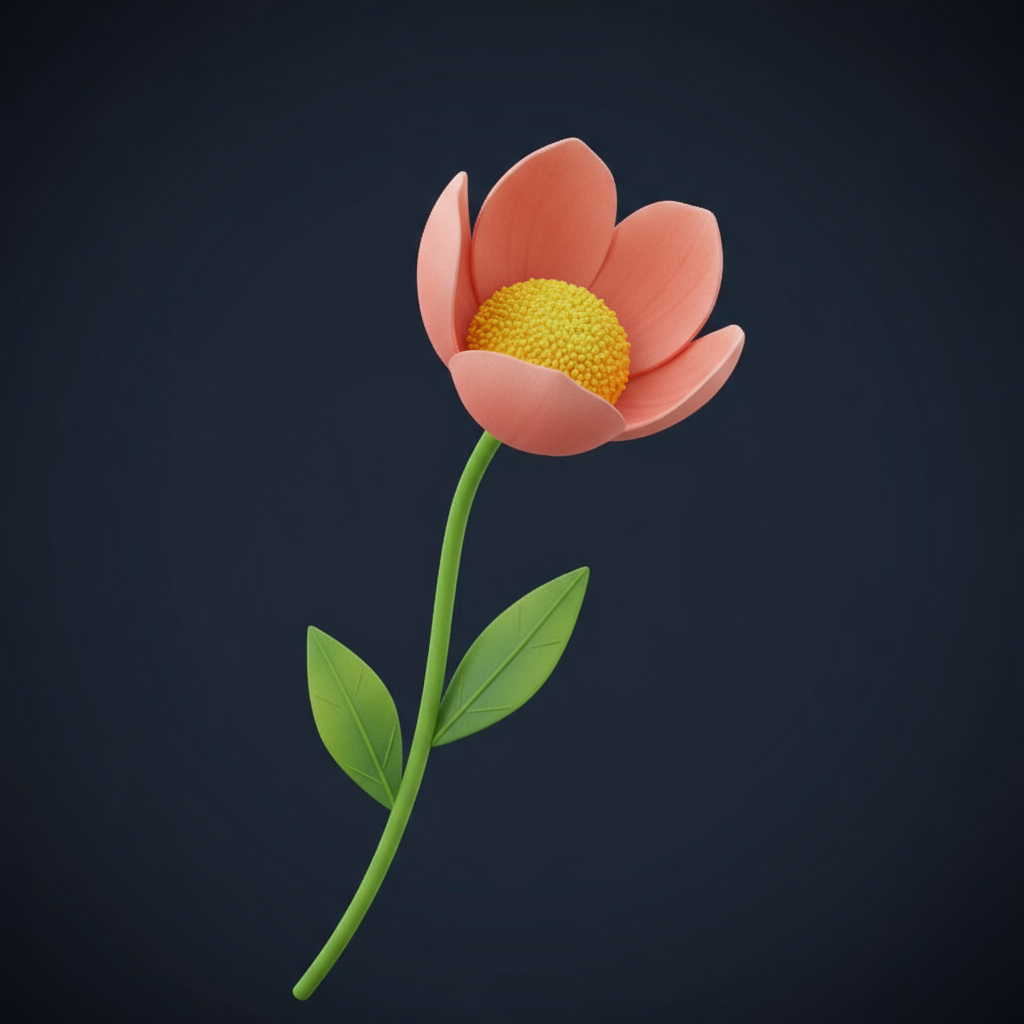 AI image generated of A simple, stylized flower with pink petals, a yellow center, and a bright green stem and leaves against a dark blue background.