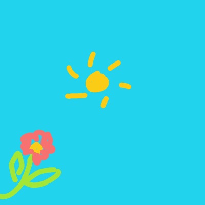 A cheerful doodle of a bright yellow sun in a blue sky above a pink flower with a yellow center and a curved green stem.