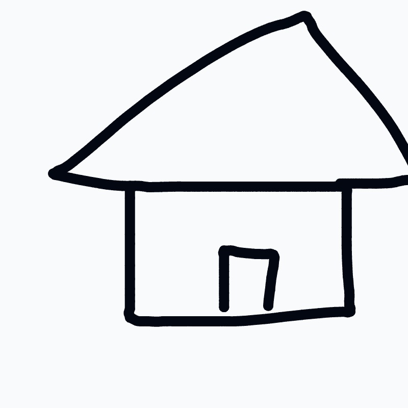 A simple, cartoon-like house with a big triangular roof and a small doorway.