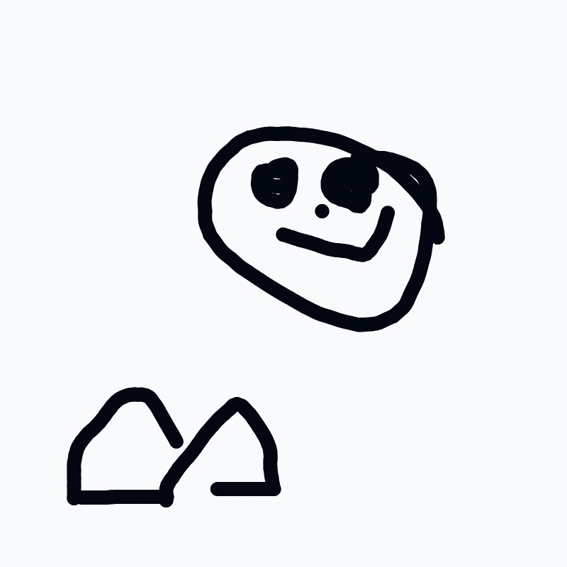 A simple, childlike drawing of a smiling face with big eyes and a small nose, tilted to the side, with two mountain‑like shapes below.