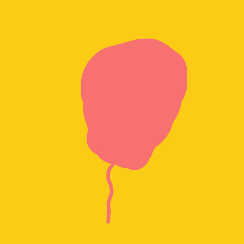A pink balloon with a string floats against a bright yellow background.