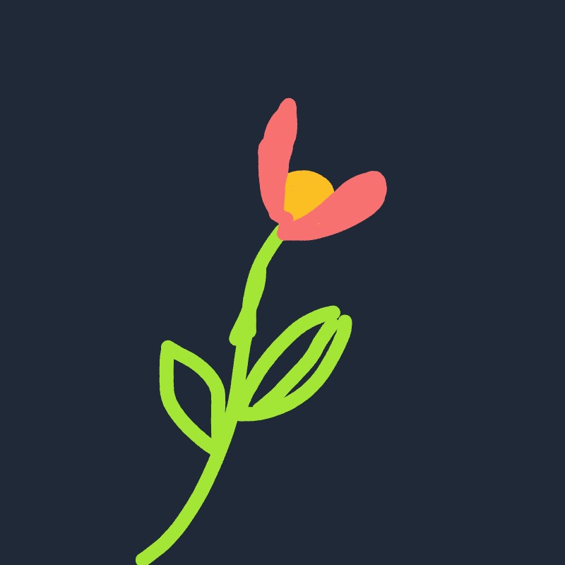 A simple, stylized flower with pink petals, a yellow center, and a bright green stem and leaves against a dark blue background.